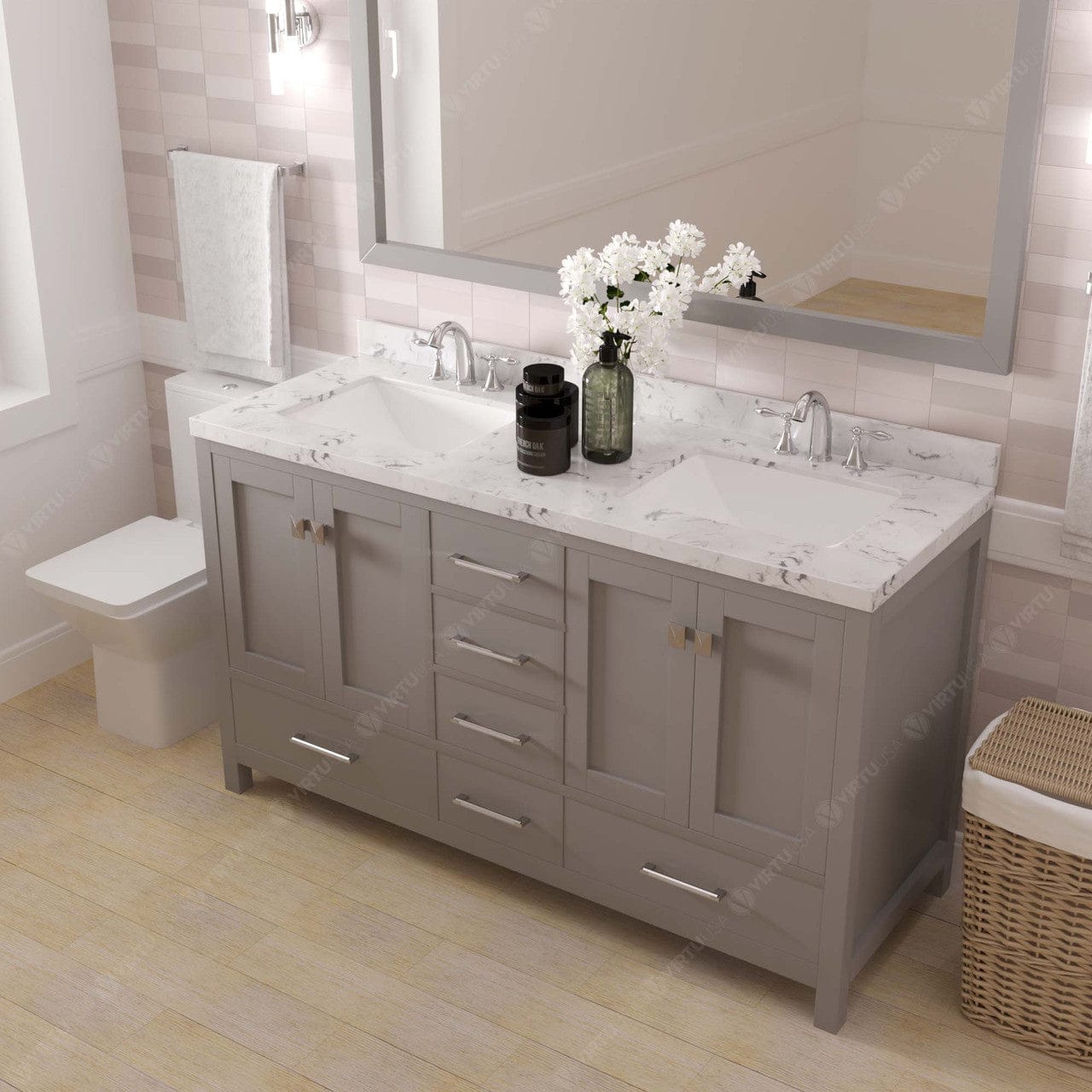 Caroline Avenue 60" Double Bath Vanity in Gray with Quartz Top and Sinks side view