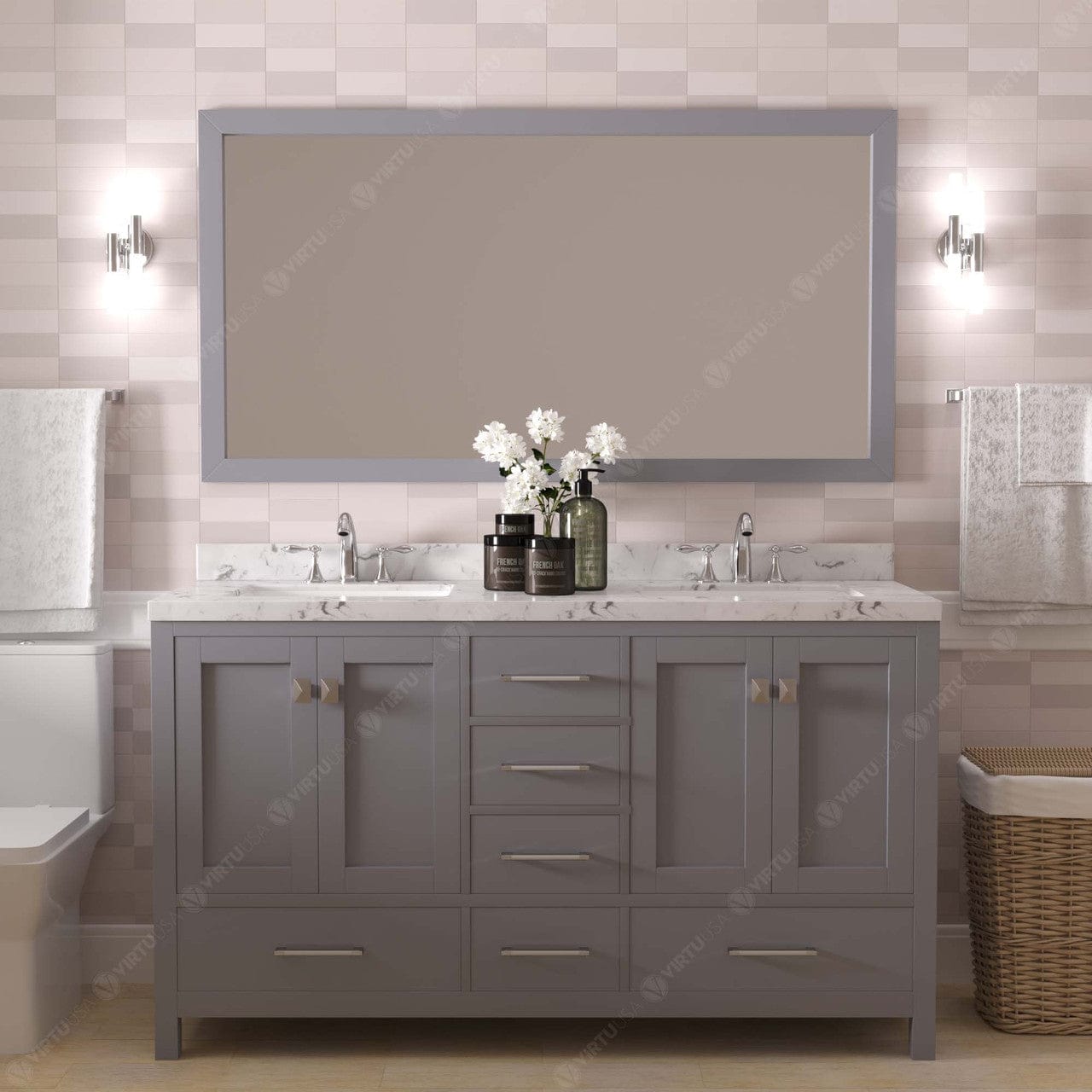 Caroline Avenue 60" Double Bath Vanity in Gray with White Quartz Countertop front view