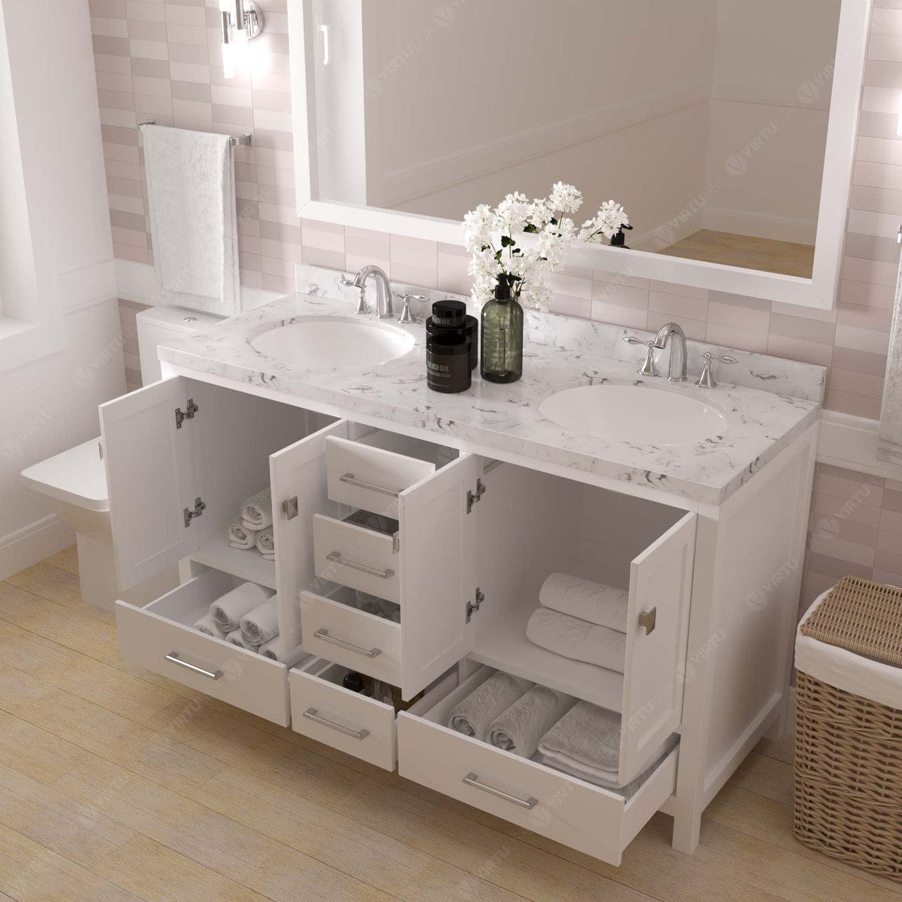 Caroline Avenue 60" Double Bath Vanity in White with White Quartz Top drawers open