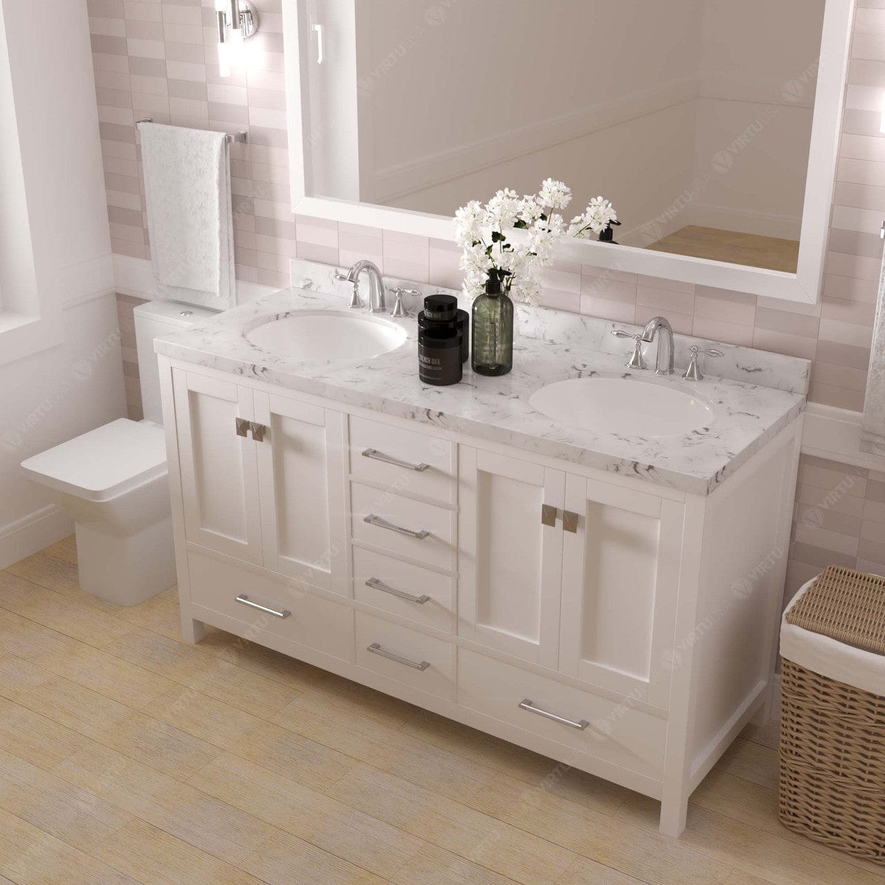 Caroline Avenue 60" Double Bath Vanity in White with White Quartz Top side view