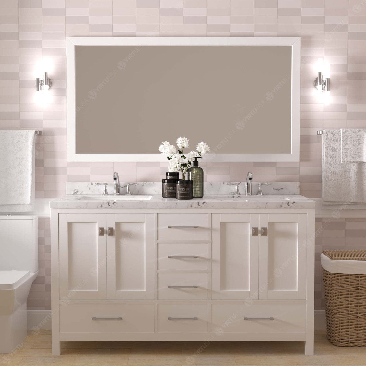 Caroline Avenue 60" Double Bath Vanity in White with White Quartz Top and Sinks front view