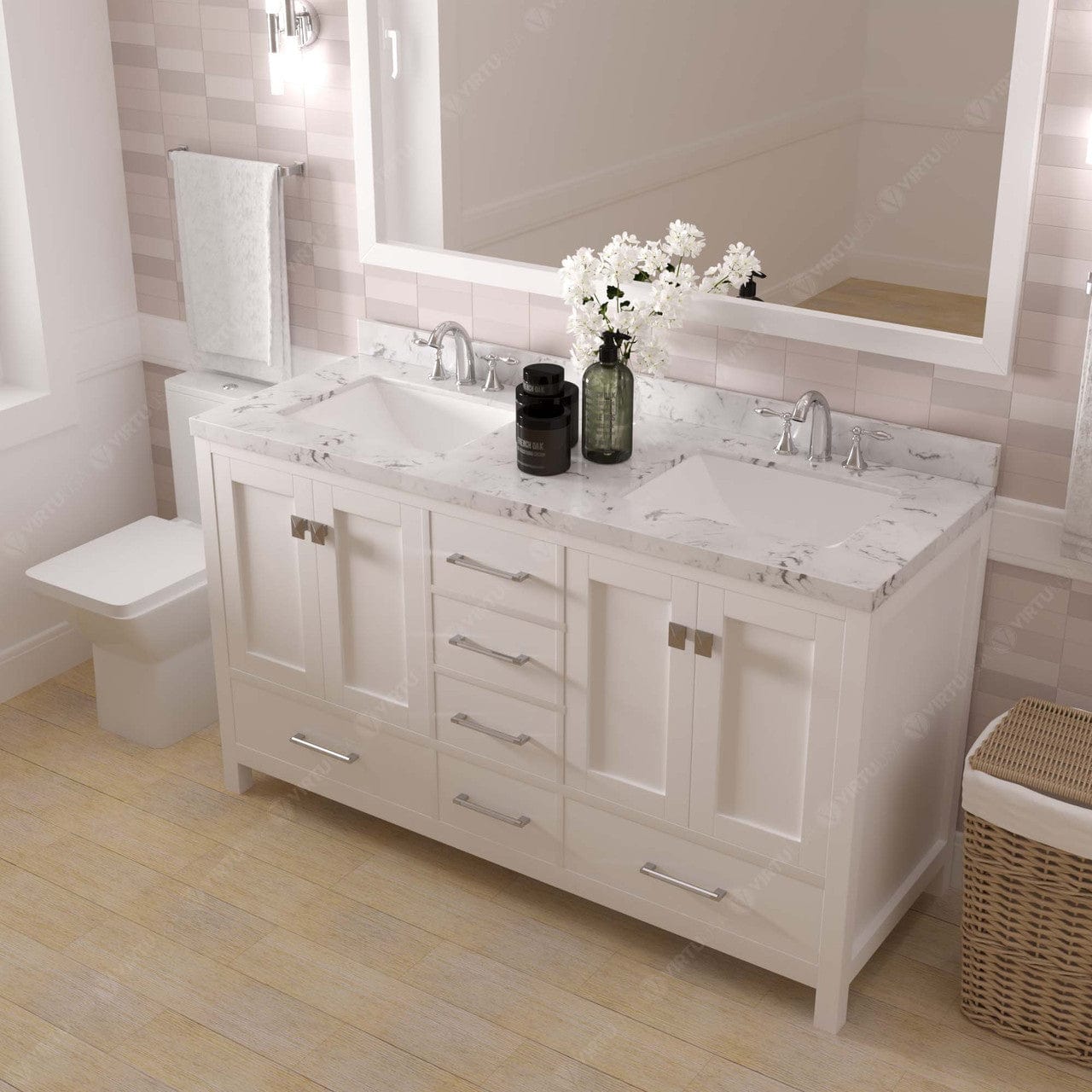 Caroline Avenue 60" Double Bath Vanity in White with White Quartz Top and Sinks side view