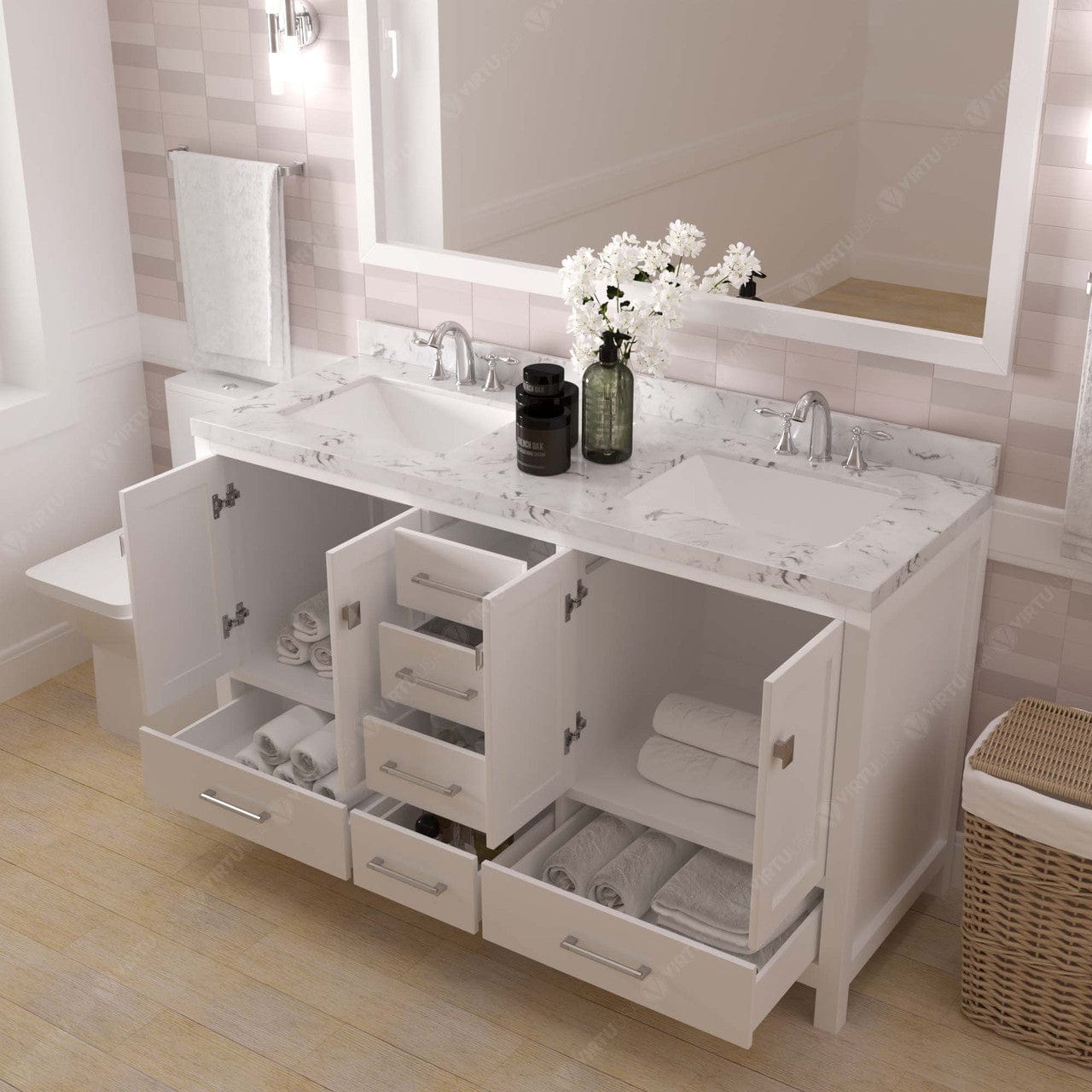 Caroline Avenue 60" Double Bath Vanity in White with White Quartz Top and Sinks open drawers