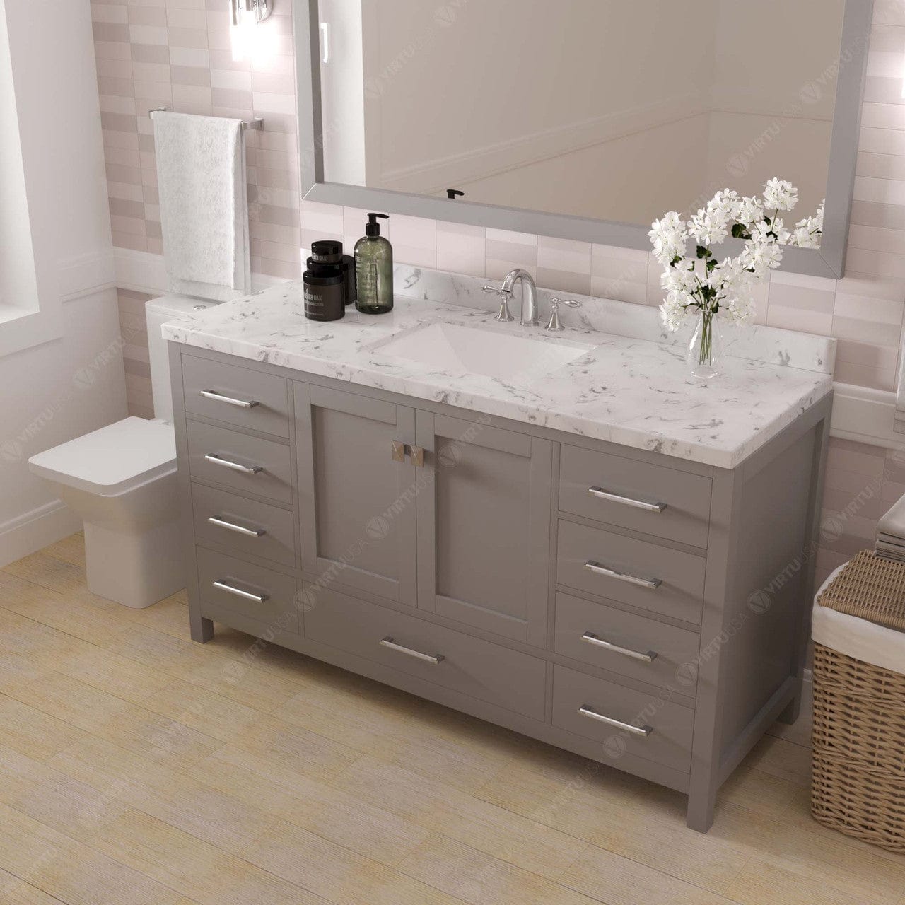 Caroline Avenue 60" Single Bath Vanity in Cashmere Gray with Quartz Top and Sink side view