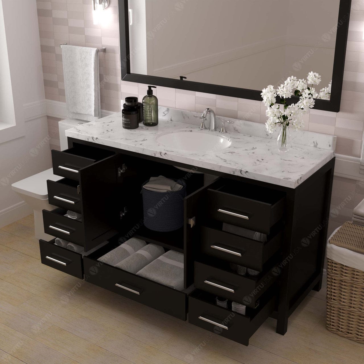 Caroline Avenue 60" Single Bath Vanity in Espresso with Quartz Countertop drawers open