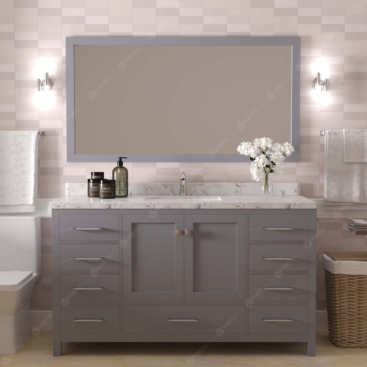 Caroline Avenue 60" Single Bath Vanity in Gray with White Quartz Countertop front view