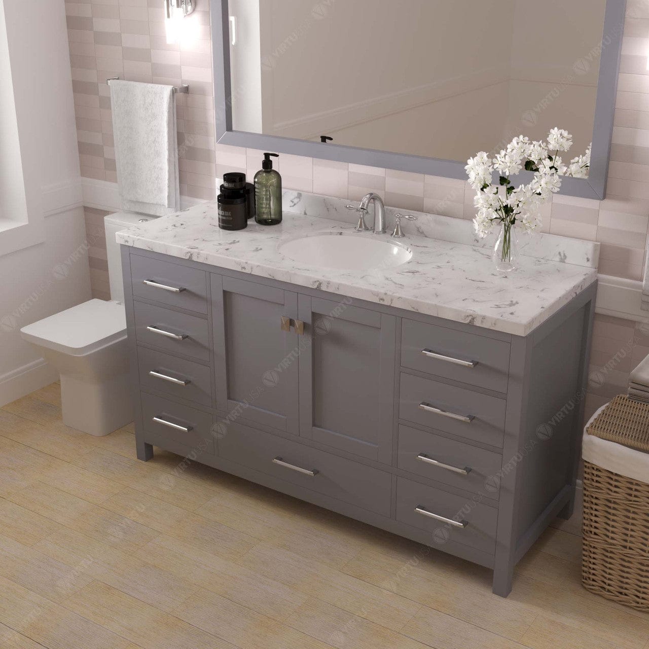 Caroline Avenue 60" Single Bath Vanity in Gray with White Quartz Countertop side view