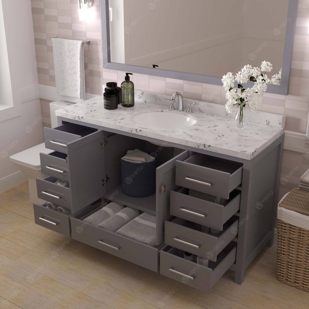 Caroline Avenue 60" Single Bath Vanity in Gray with White Quartz Countertop drawers open 