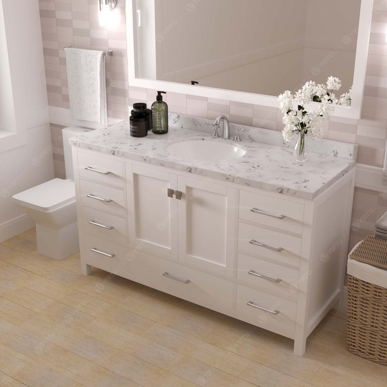 Caroline Avenue 60" Single Bath Vanity in White with White Quartz Countertop side view