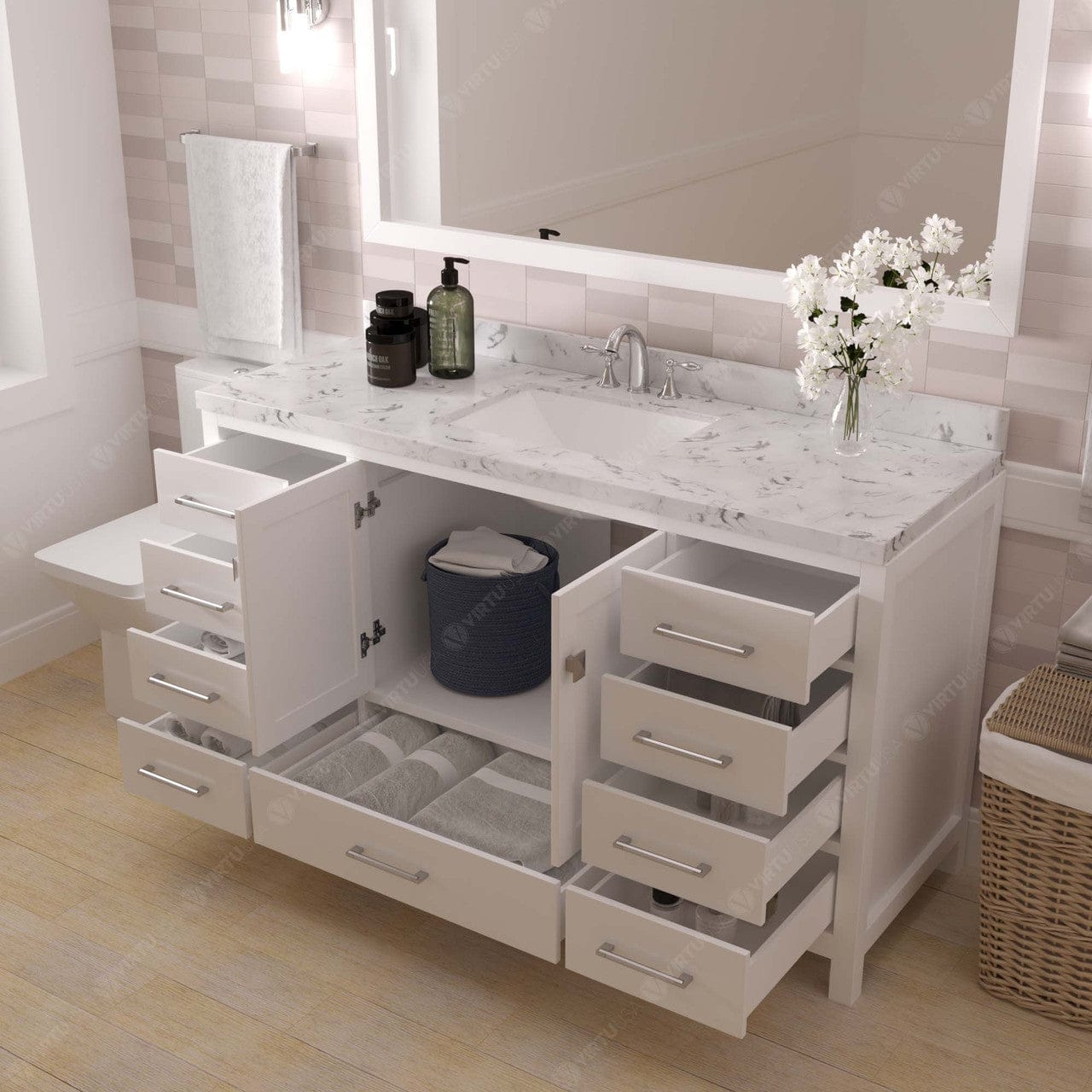 Caroline Avenue 60" Single Bath Vanity in White with White Quartz Top and Sink open drawer