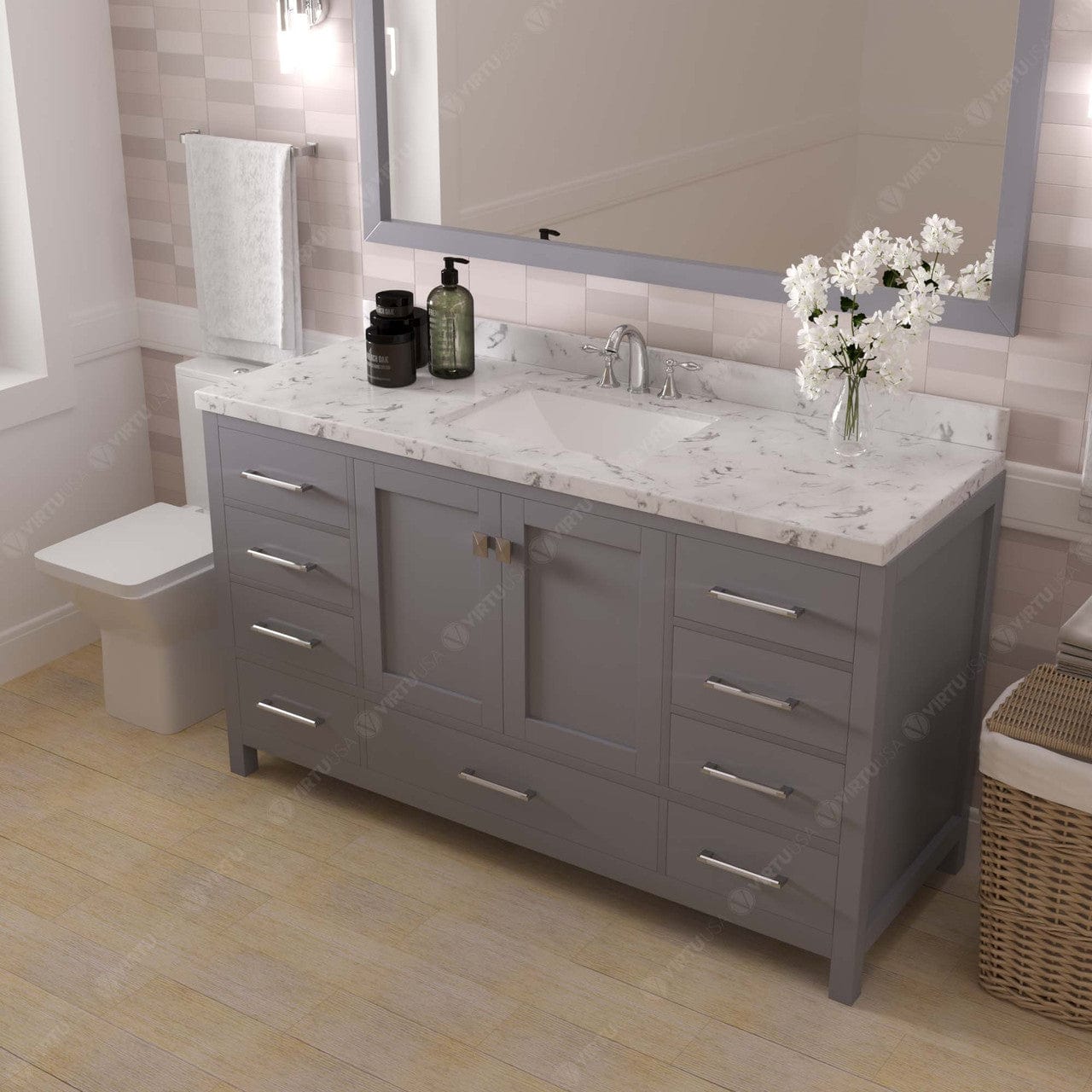 Caroline Avenue 60" Single Vanity in Gray with White Quartz Countertop side view