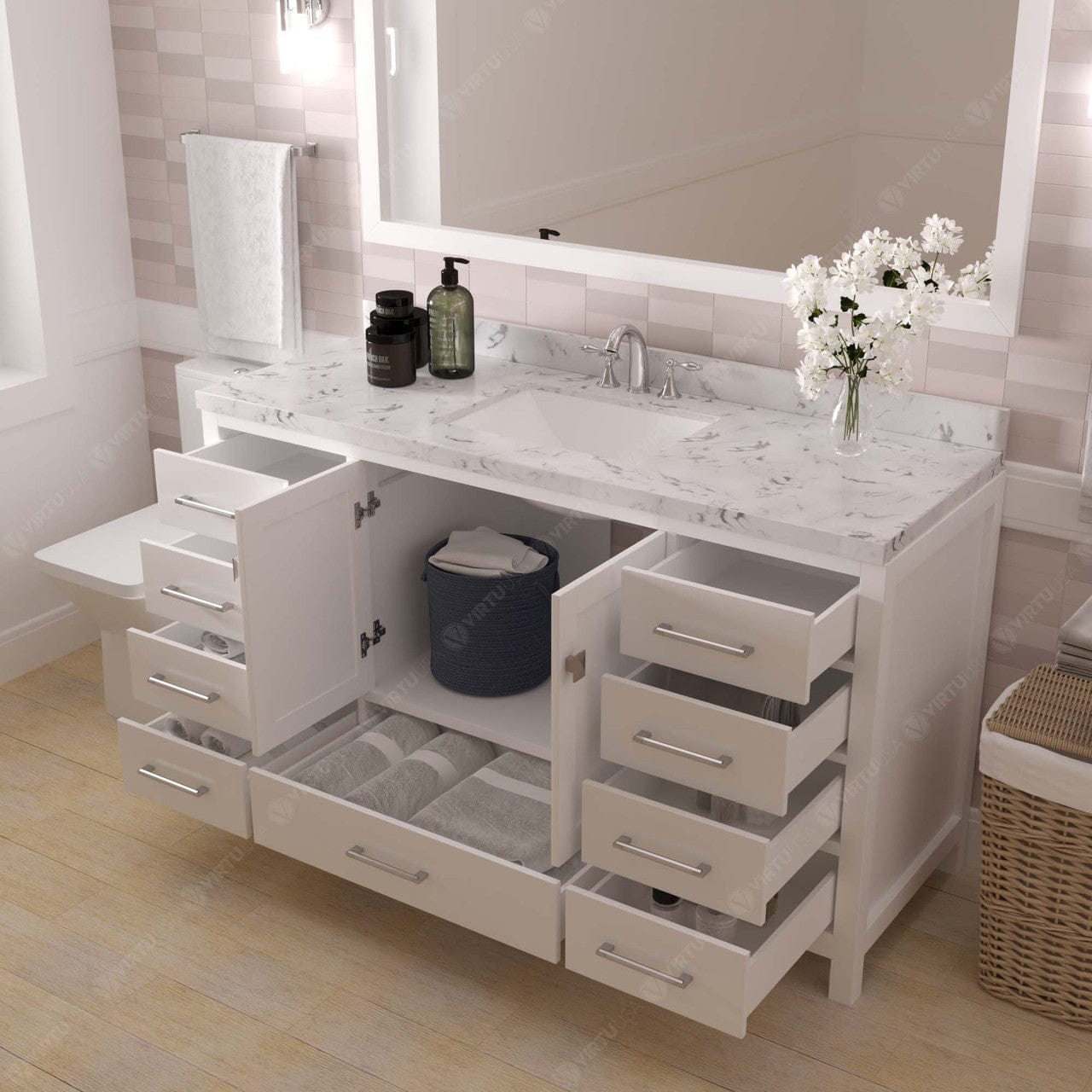 Caroline Avenue 60" Single Vanity in White with White Quartz Countertop drawers open