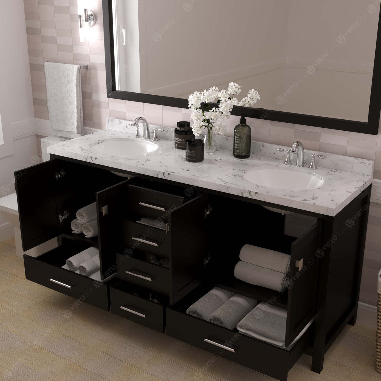 Caroline Avenue 72" Double Bath Vanity in Espresso with Quartz Countertop drawers open