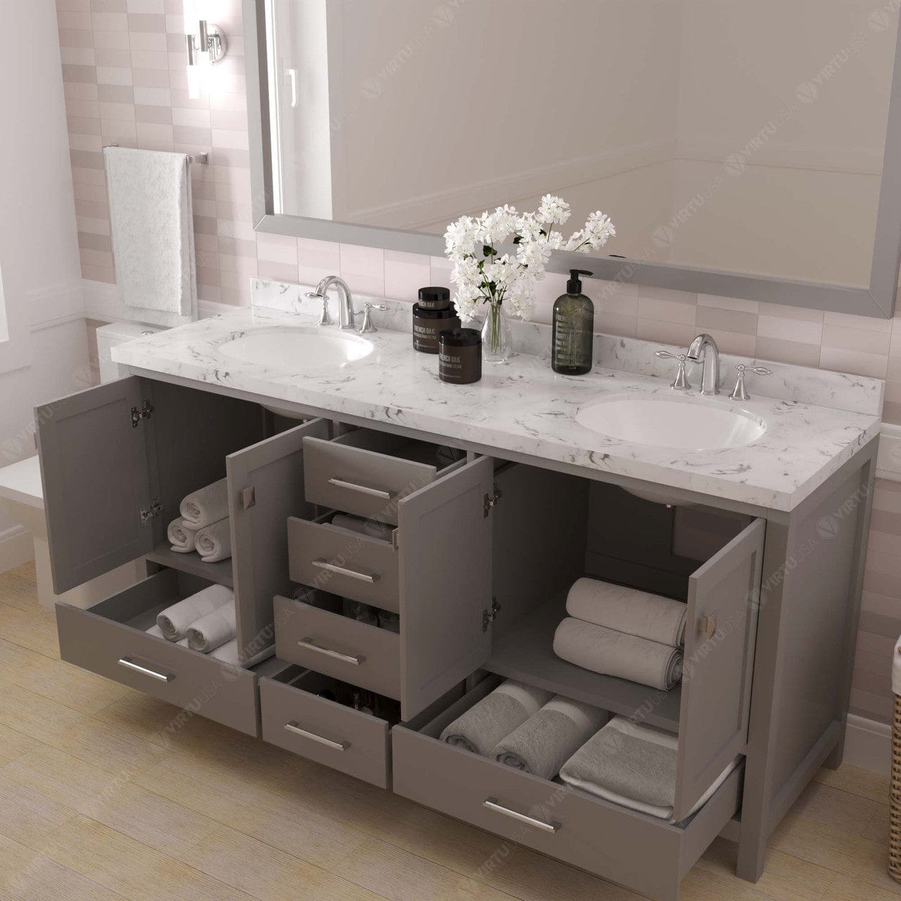 Caroline Avenue 72" Double Bath Vanity in Gray with Quartz Countertop drawers open