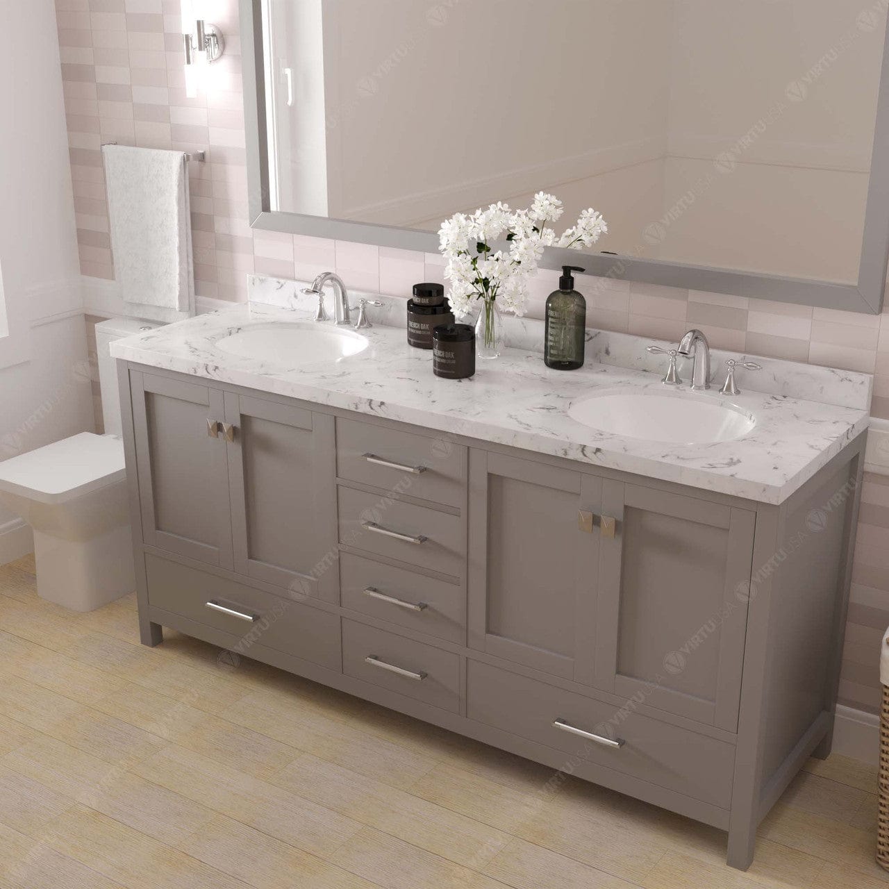 Caroline Avenue 72" Double Bath Vanity in Gray with Quartz Countertop side view