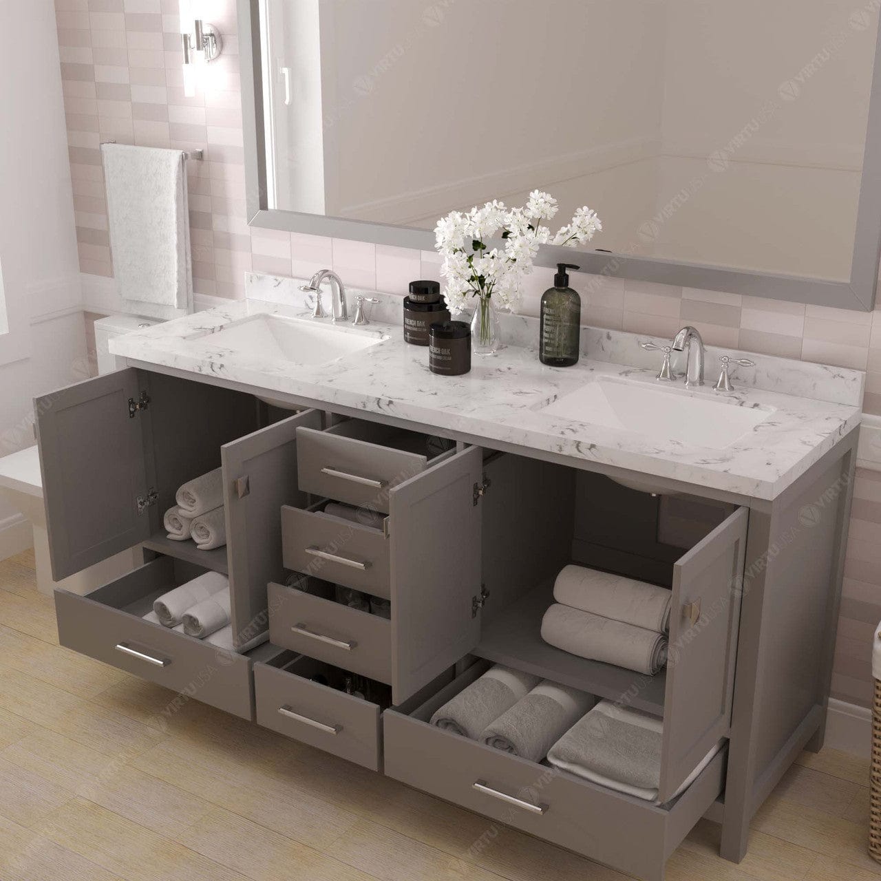 Caroline Avenue 72" Double Bath Vanity in Gray with Quartz Top and Sinks open drawer