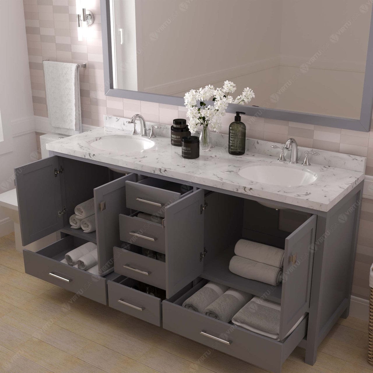 Caroline Avenue 72" Double Bath Vanity in Gray with White Quartz Countertop drawers open