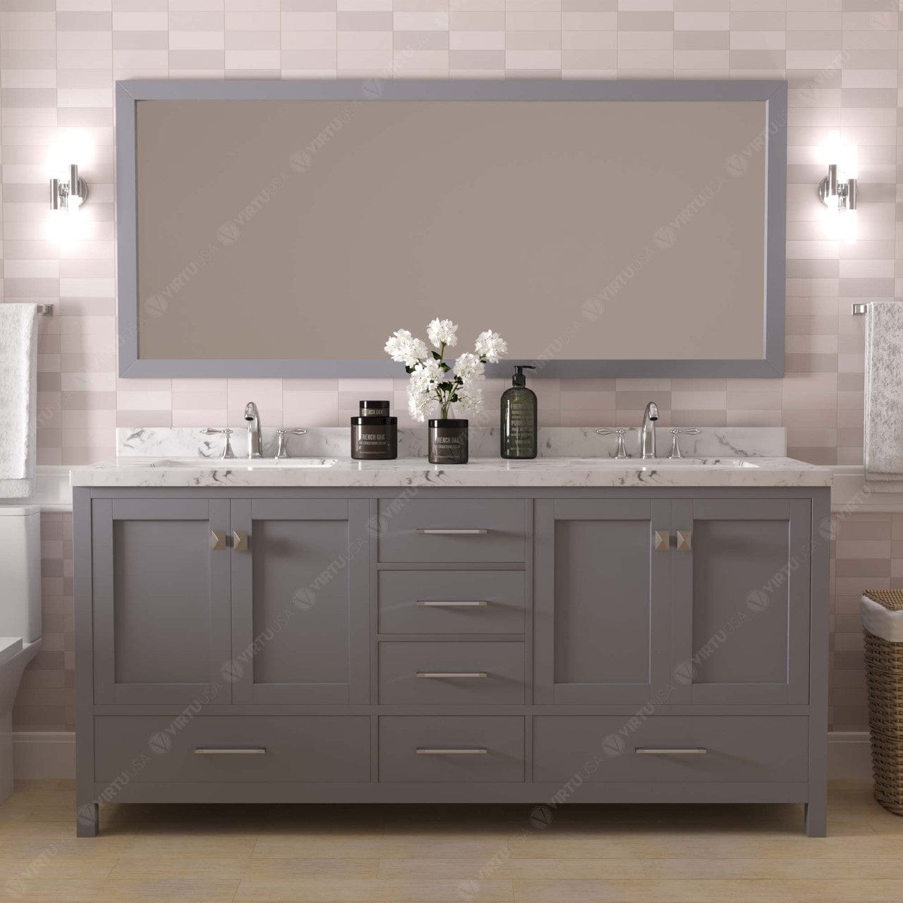 Caroline Avenue 72" Double Bath Vanity in Gray with White Quartz Top and Sinks front view