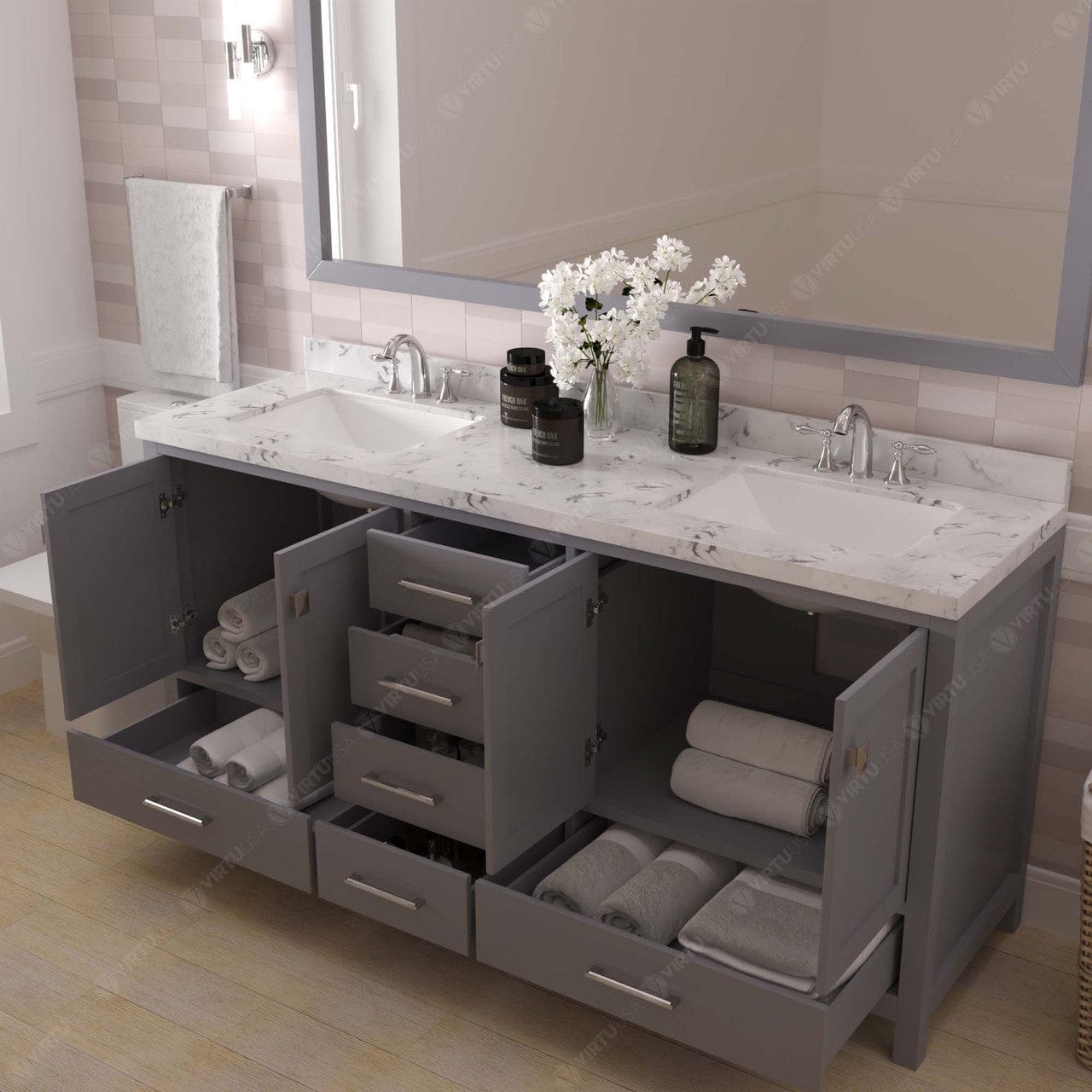 Caroline Avenue 72" Double Bath Vanity in Gray with White Quartz Top and Sinks open drawer