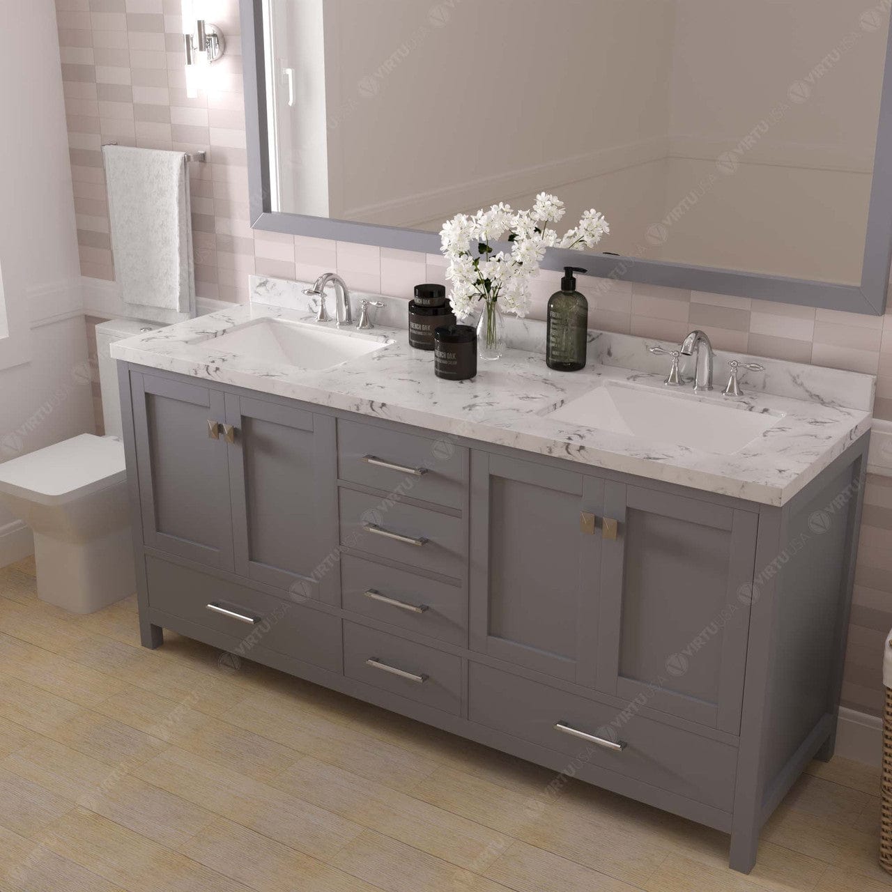 Caroline Avenue 72" Double Bath Vanity in Gray with White Quartz Top and Sinks side view