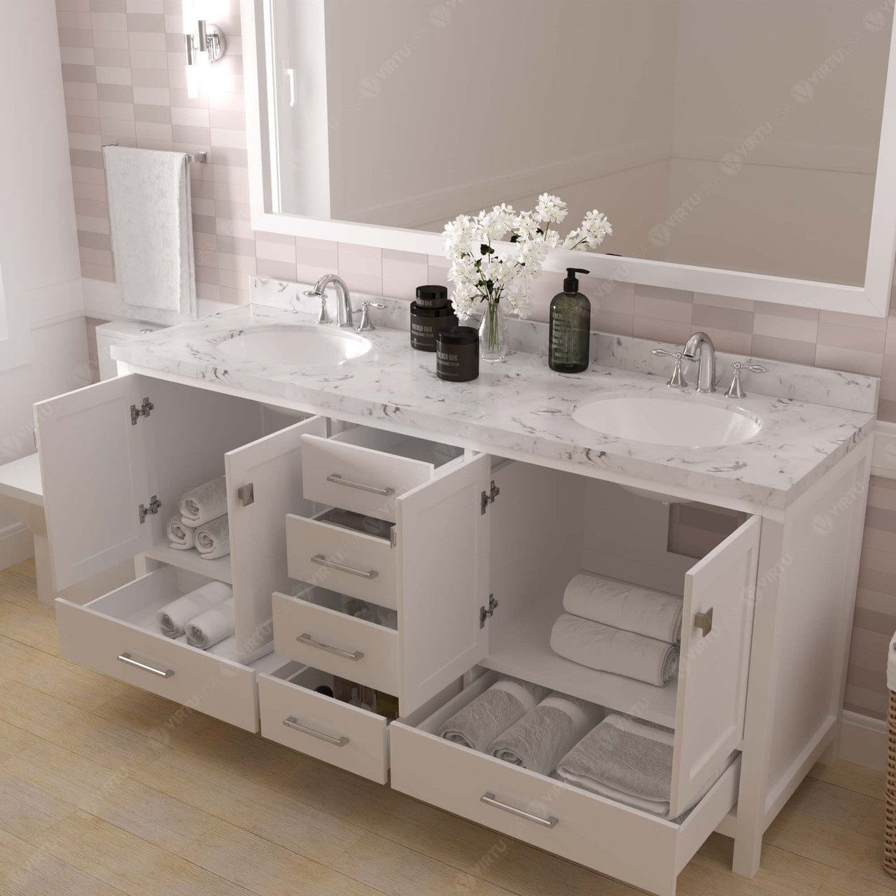 Caroline Avenue 72" Double Bath Vanity in White with White Quartz Countertop drawers open