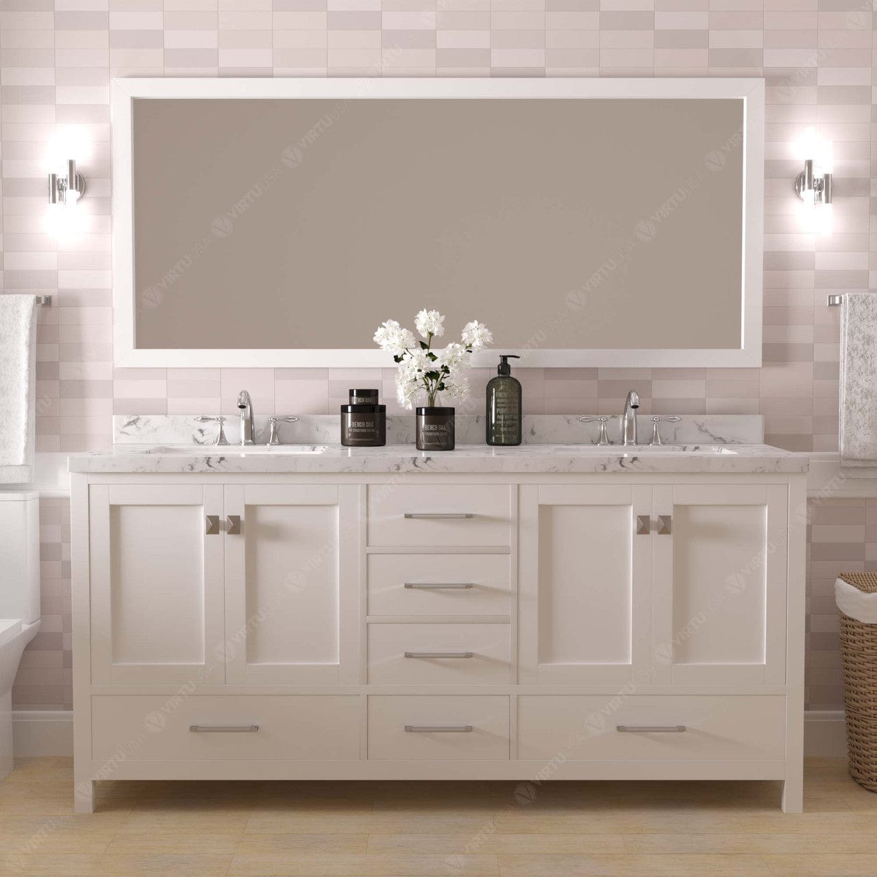 Caroline Avenue 72" Double Bath Vanity in White with White Quartz Countertop front view