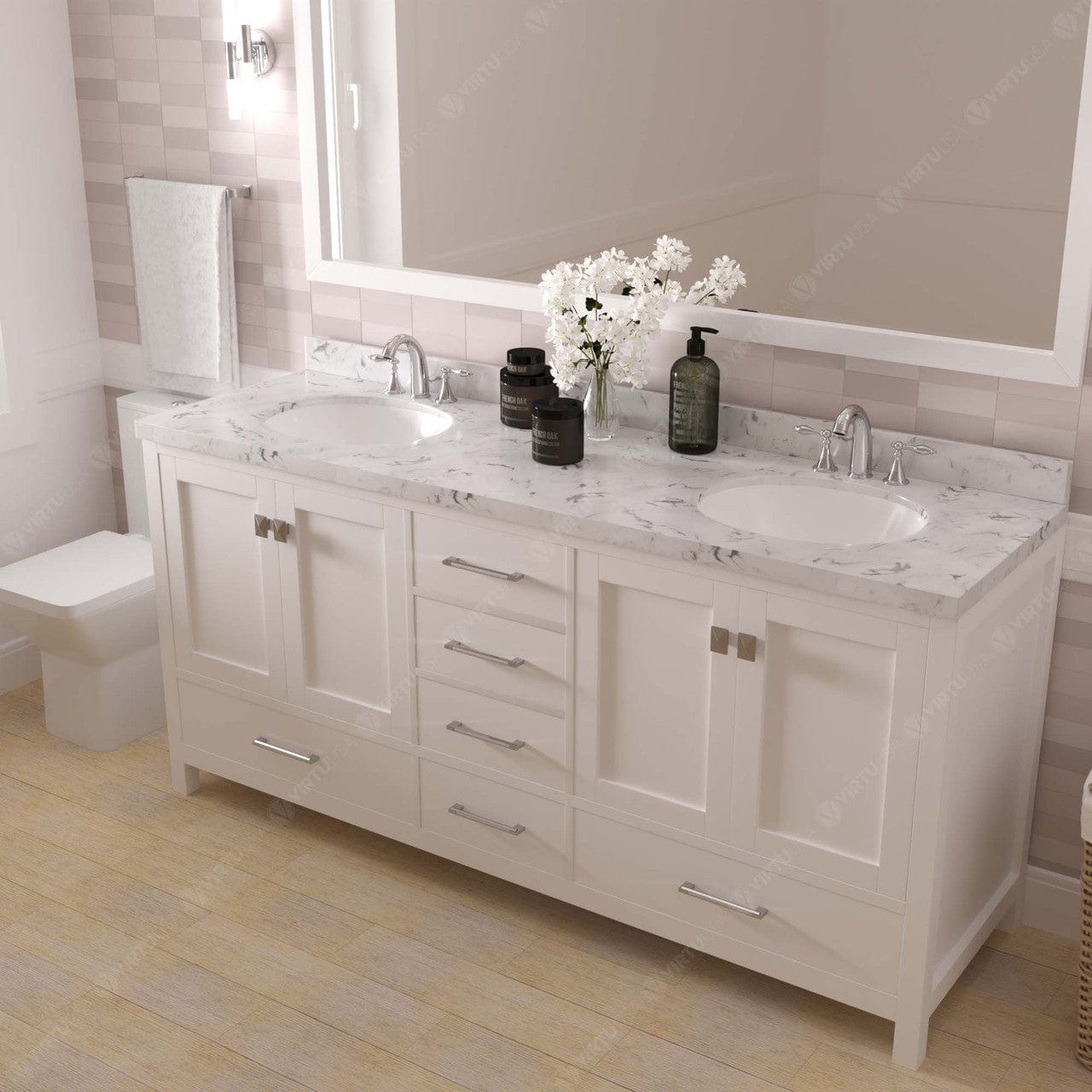 Caroline Avenue 72" Double Bath Vanity in White with White Quartz Countertop side view