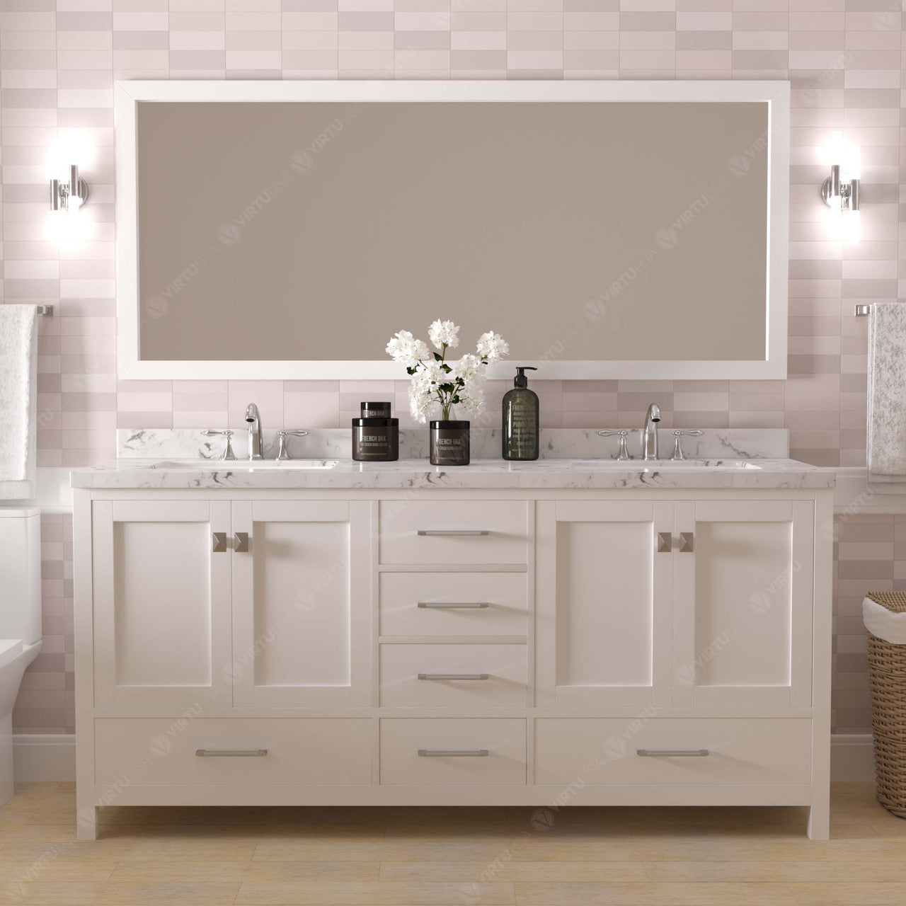 Caroline Avenue 72" Double Bath Vanity in White with White Quartz Top front view