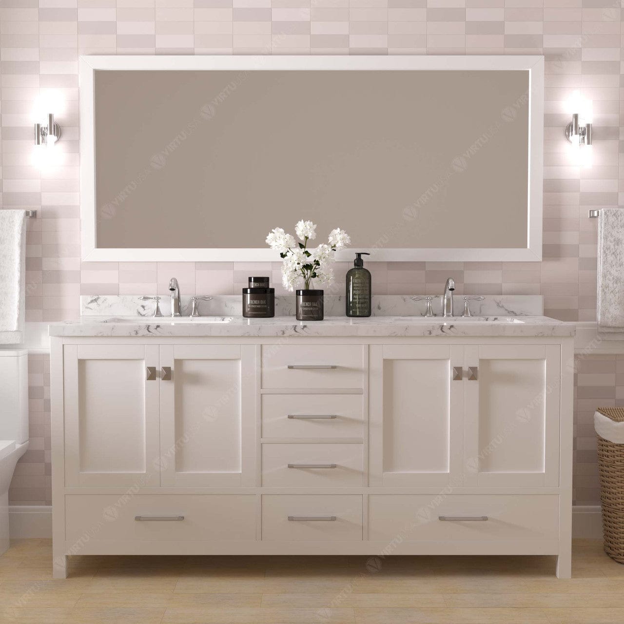 Caroline Avenue 72" Double Bath Vanity in White with White Quartz Top and Sinks front view