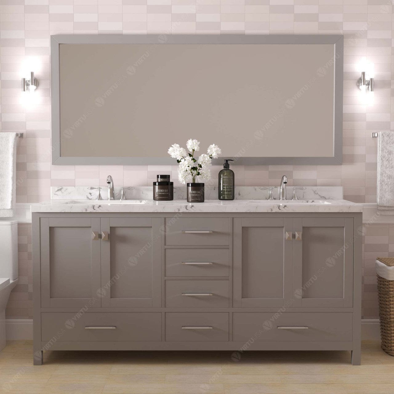 Caroline Avenue 72" Double Bathroom Vanity in Gray with Quartz Countertop front view