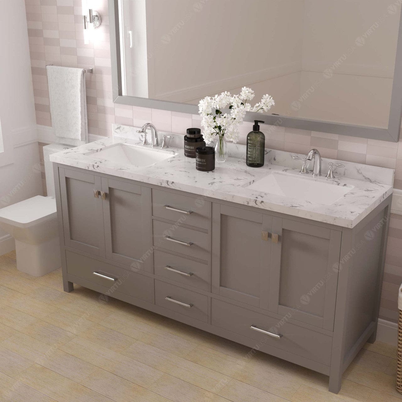 Caroline Avenue 72" Double Bathroom Vanity in Gray with Quartz Countertop side view