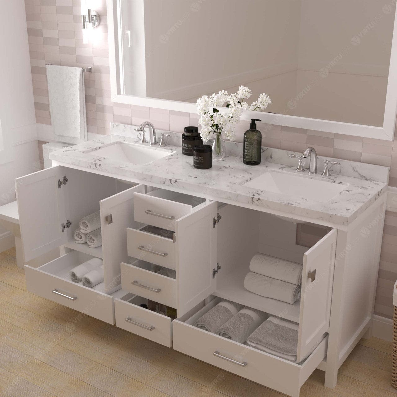 Caroline Avenue 72" Double Bathroom Vanity in White with White Quartz Countertop drawers open