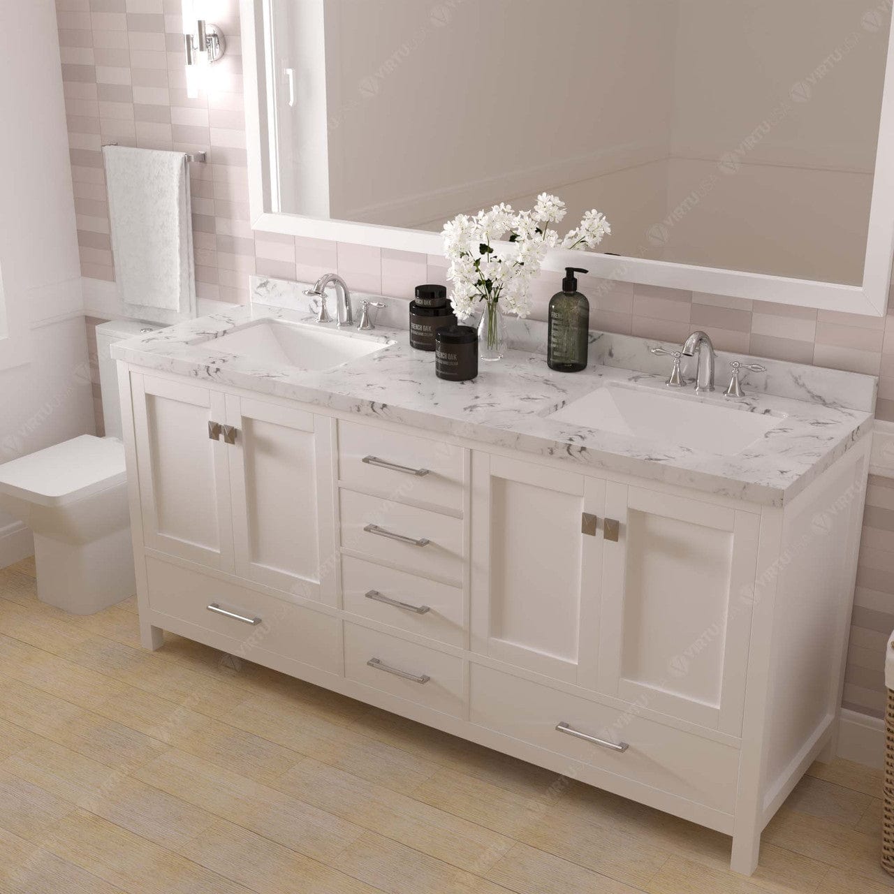 Caroline Avenue 72" Double Bathroom Vanity in White with White Quartz Countertop side view