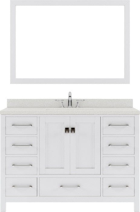 white single sink bathroom vanity with brushed nickel faucet