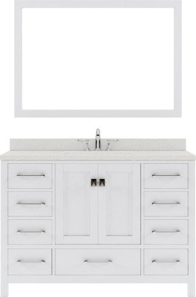 white single sink bathroom vanity with polished chrome faucet