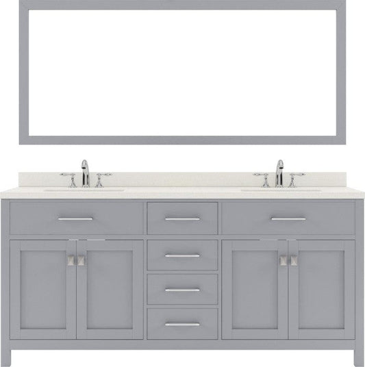 72 inch gray double sink bathroom vanity with brushed nickel faucet