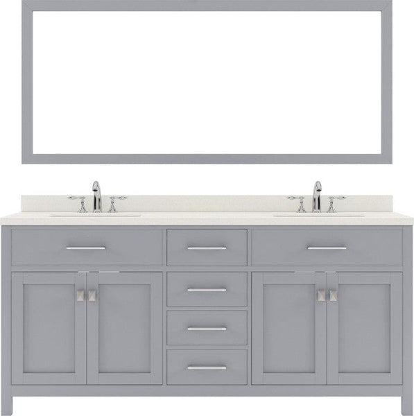 72 inch gray double sink bathroom vanity with brushed nickel faucet
