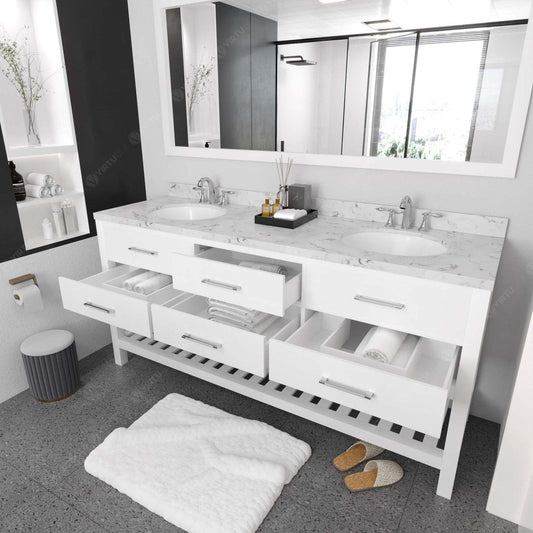 Caroline Estate 72" Bath Vanity in White with Cultured Marble Quartz Top drawers open