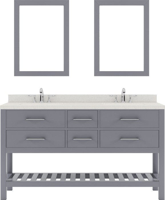 gray double sink bathroom vanity with brushed nickel faucet