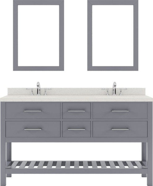 gray double sink bathroom vanity with brushed nickel faucet