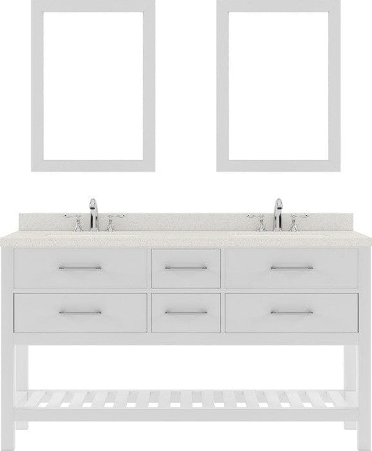 white double sink bathroom vanity with brushed nickel faucet