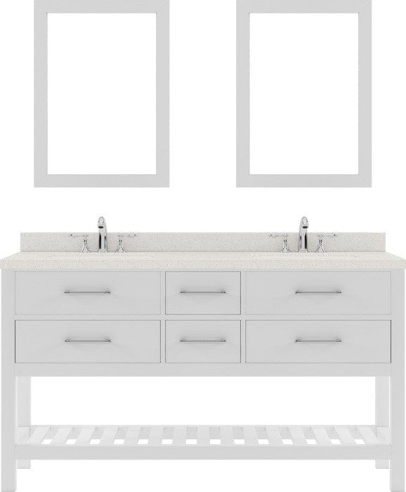 white double sink bathroom vanity with brushed nickel faucet