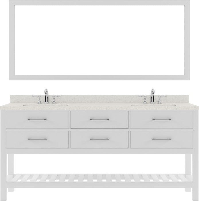 white freestanding bathroom vanity with brushed nickel faucet