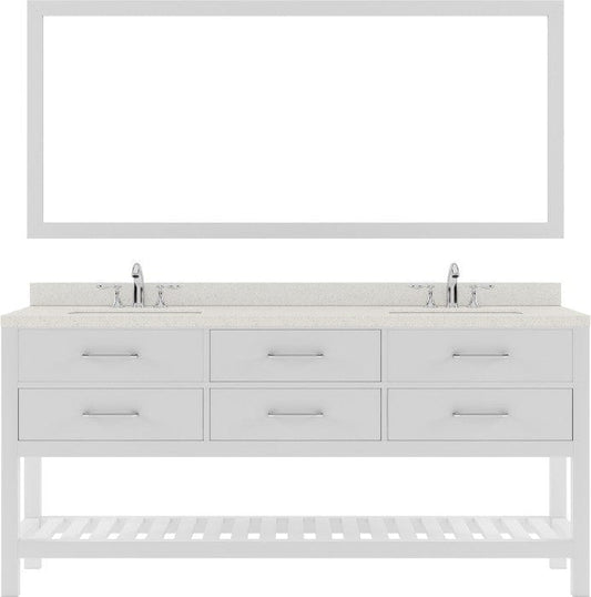 white freestanding bathroom vanity with brushed nickel faucet