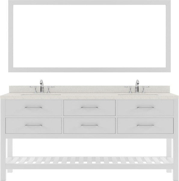 white freestanding bathroom vanity with brushed nickel faucet