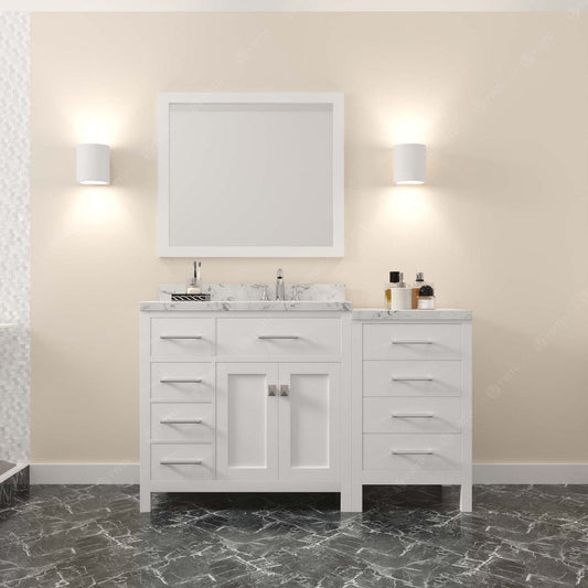 Caroline Parkway 57" Bath Vanity in White with Cultured Marble Quartz Top front view