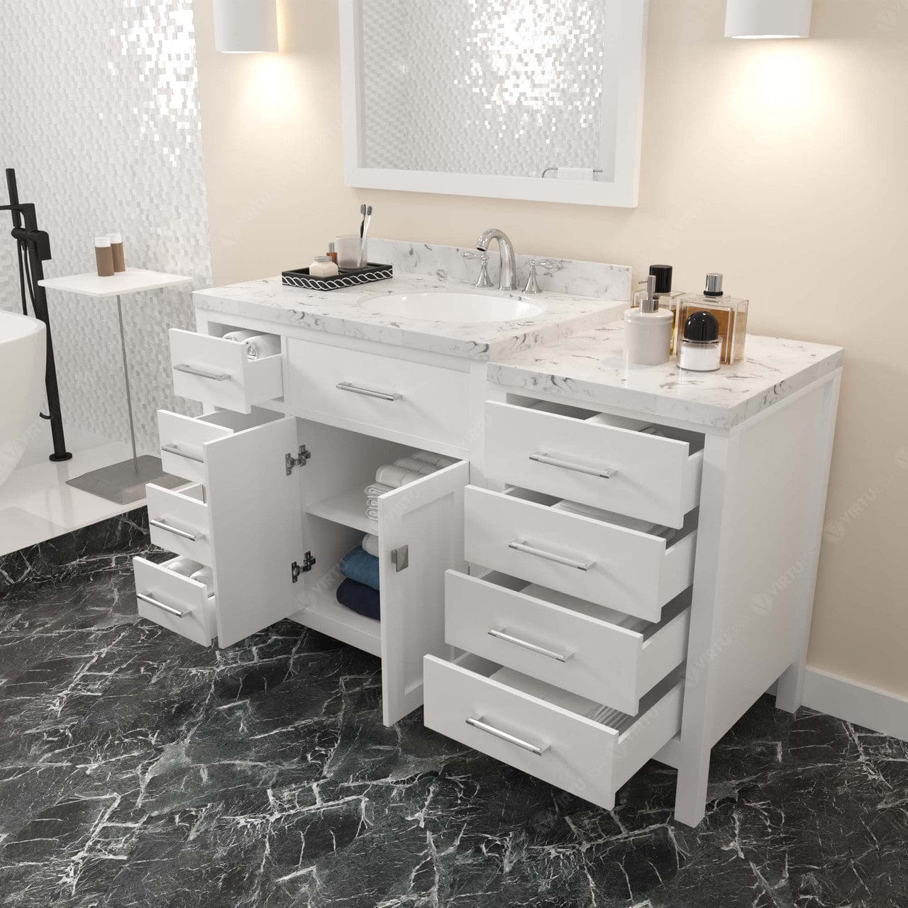Caroline Parkway 57" Bath Vanity in White with Cultured Marble Quartz Top drawers open