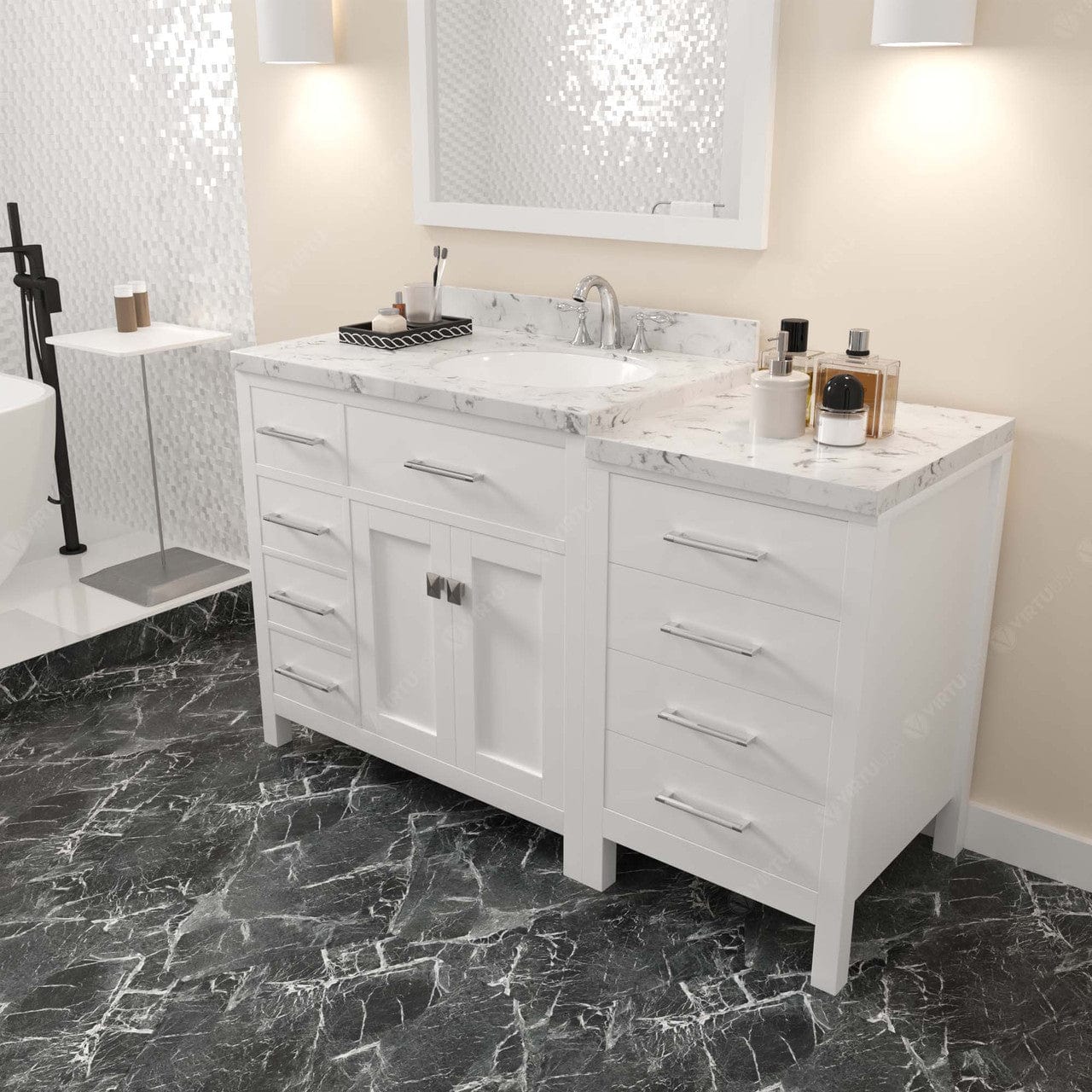 Caroline Parkway 57" Bath Vanity in White with Cultured Marble Quartz Top perspective