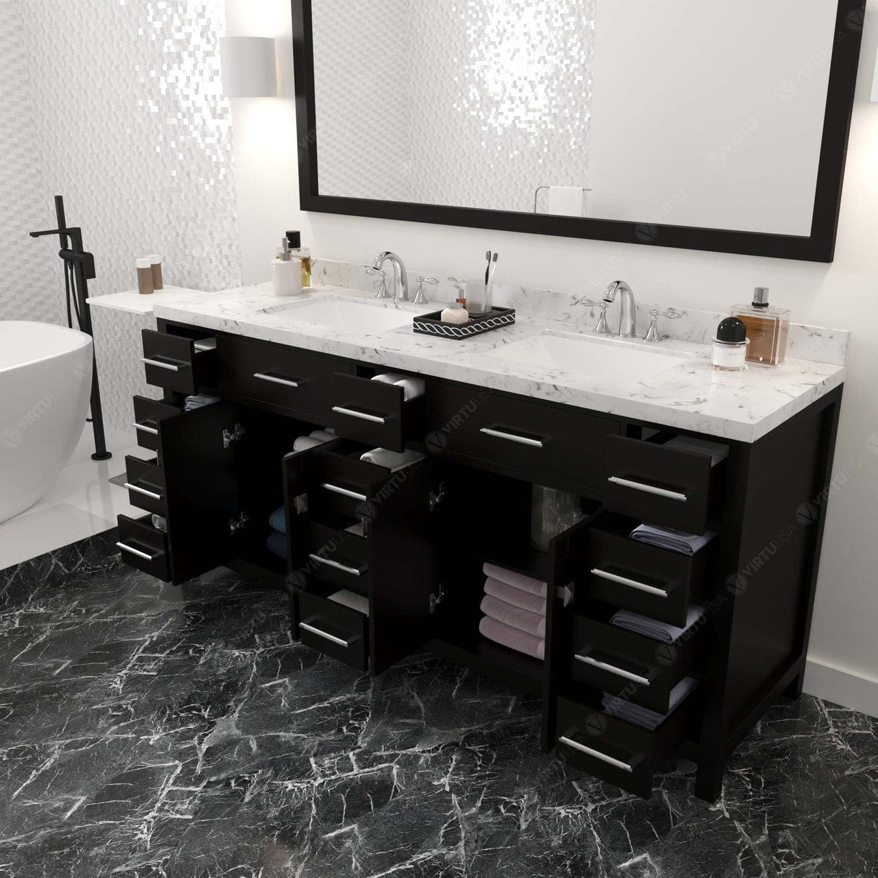 Caroline Parkway 72" Bath Vanity in Espresso with Cultured Marble Quartz Top drawers open