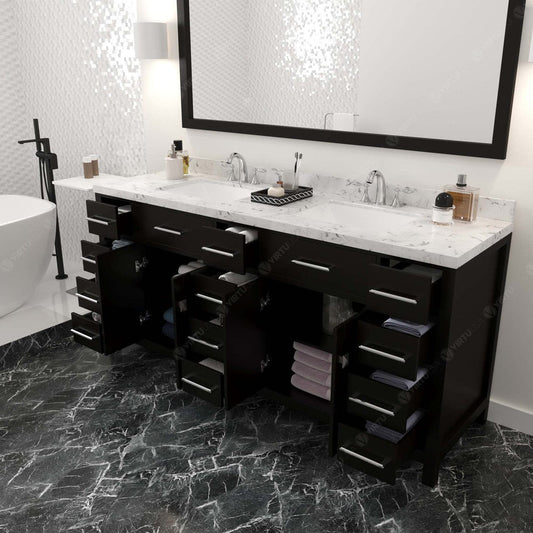 Caroline Parkway 72" Bath Vanity in Espresso with Cultured Marble Quartz Top drawers open